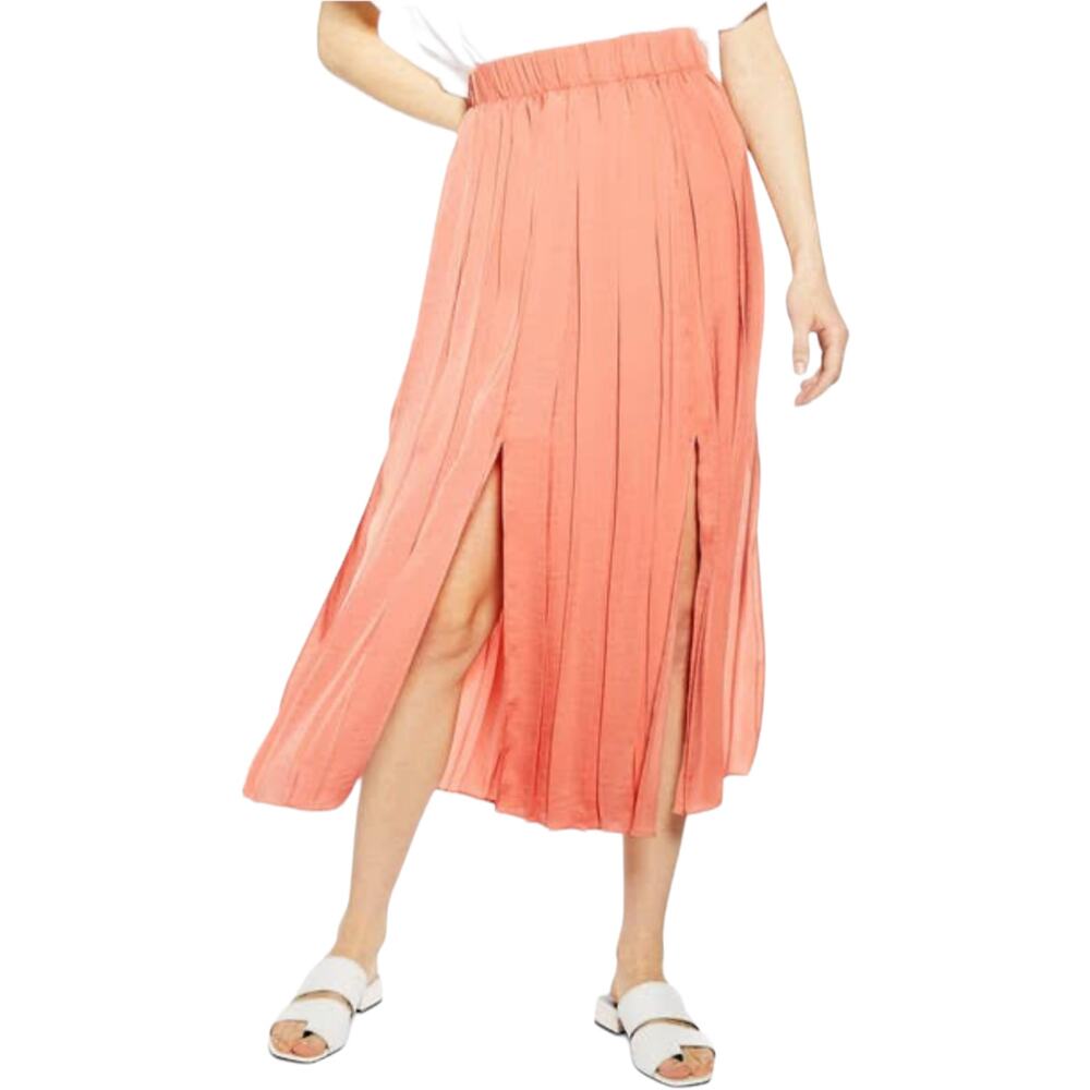 Topshop High Rise Pleated Satin Midi Skirt Coral Side Splits Sz 6 / Small A line